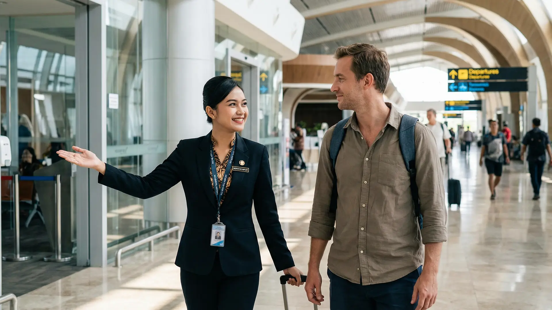 Unsere Mitarbeiterin begleitet einen Reisenden am Flughafen in Bali